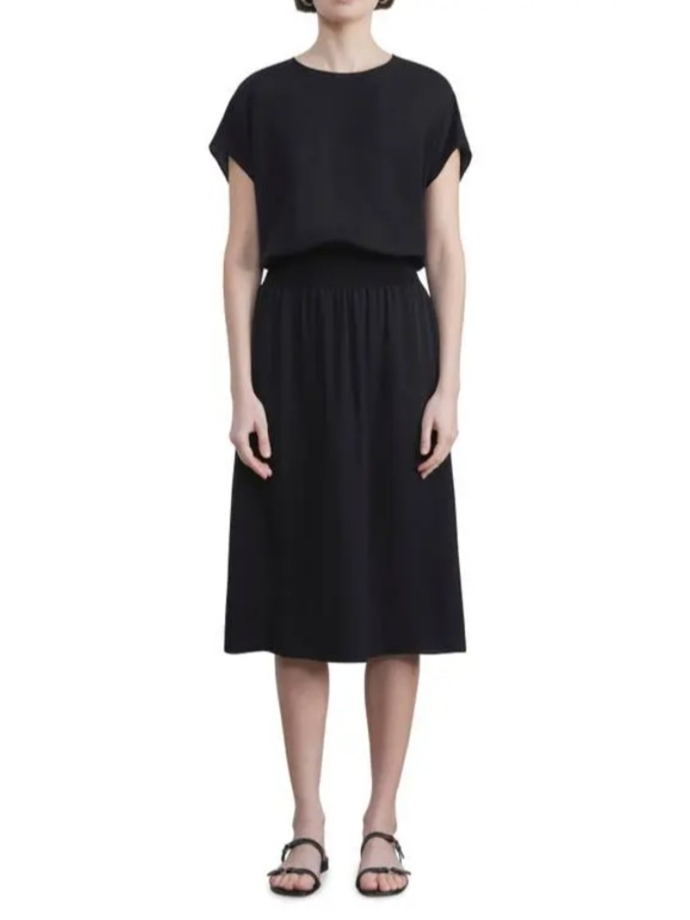 Lafayette 148 New York Black Silk Kinley Midi Dress with Elastic Waist